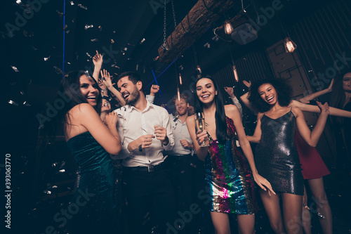 Photo of people group attractive girls bearded guy dance have fun wear trendy stylish outfit modern club indoors