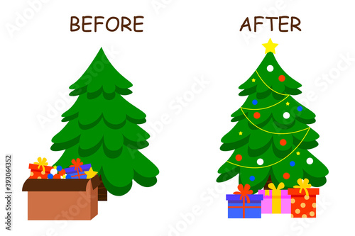 Vector illustration of a Christmas tree before and after decoration.