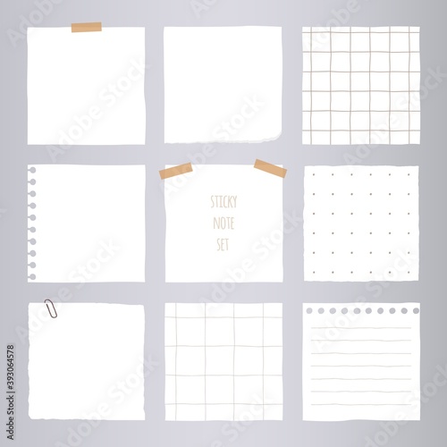 Collection of various notes paper. White sticky note.