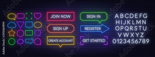 Join now, Sign in, Sign up, Register, Create account, Get started neon sign on a brick background. Template for a design with neon speech bubble frames and white alphabet.