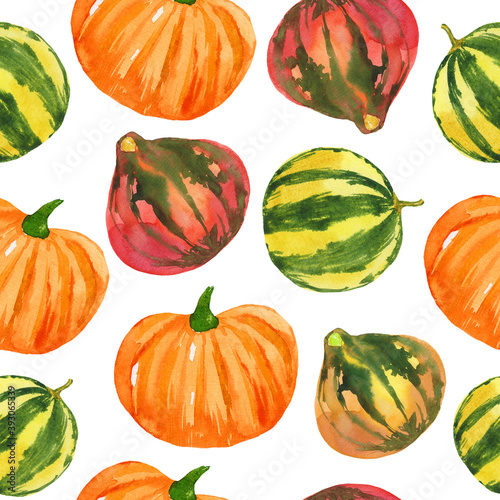 Colorful autumn pumpkins watercolor seamless pattern isolated on white