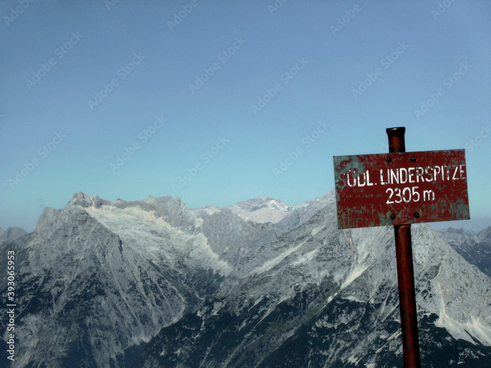 Sign South Linderspitze mountain, Mittenwald via ferrata in Bavarian Alps, Germany