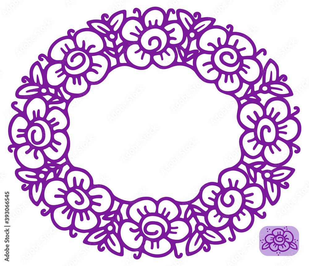 Flower frame in linear sketch style for florist shops, organic cosmetics, wedding. Emblem design template with copy space for text, flowers background in violet colours. Vector Flower frame in linear sketch style for florist shops, organic cosmetics, wedding. Emblem design template with copy space for text, flowers background in violet colours. Vector