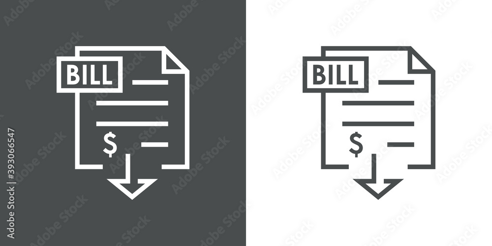 Icono factura con flecha y con símbolo del dólar con lineas en fondo gris y fondo blanco Icono factura con flecha y con símbolo del dólar con lineas en fondo gris y fondo blanco
