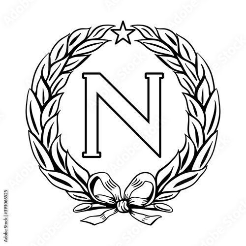 Laurel wreath, Napoleon Bonaparte (N) with a five-pointed star. Vector illustration.
