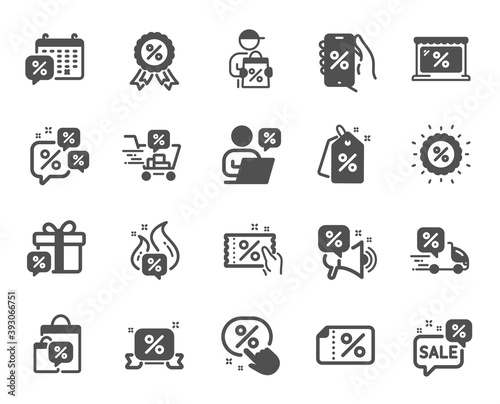 Discounts icons. Sale Coupon, phone with percent sign, Discount price tag. Wholesale store market, calendar, hot deal icons. Coupon ticket, megaphone offer, delivery discount. Vector