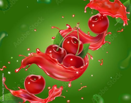 Cherry splashing juice. Fresh berry fruit in red splash, beverage advertising 3d vector icon