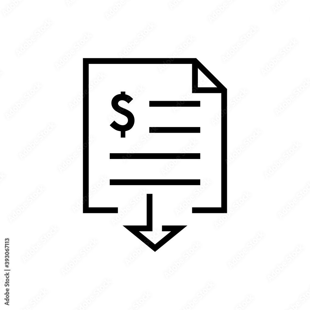 Icono factura con flecha y con símbolo del dólar con lineas en color negro Icono factura con flecha y con símbolo del dólar con lineas en color negro