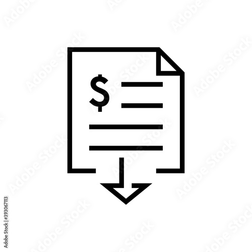 Icono factura con flecha y con símbolo del dólar con lineas en color negro
