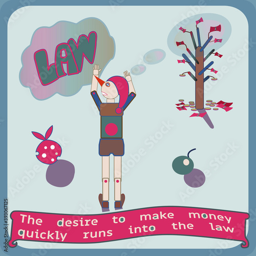 The wooden man dreams of getting rich.  Simple illustration on a light blue background.  Vector.