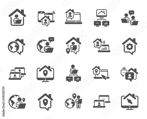 Work at home icons. Remote worker, Freelance job, Office employee. Stay at home, internet work, remote teamwork icons. Worker with computer, home workspace, shared network. Vector
