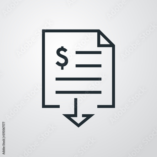 Icono factura con flecha y con símbolo del dólar con lineas en fondo gris