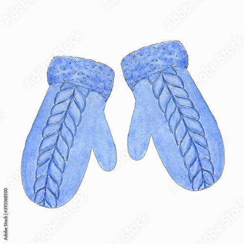 watercolor illustration of blue knitted mittens.winter clip art © tinkerbell