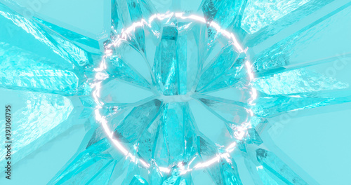 3d rendering. A bright neon circle against a background of cracked ice. Banner abstract illustration for your design.