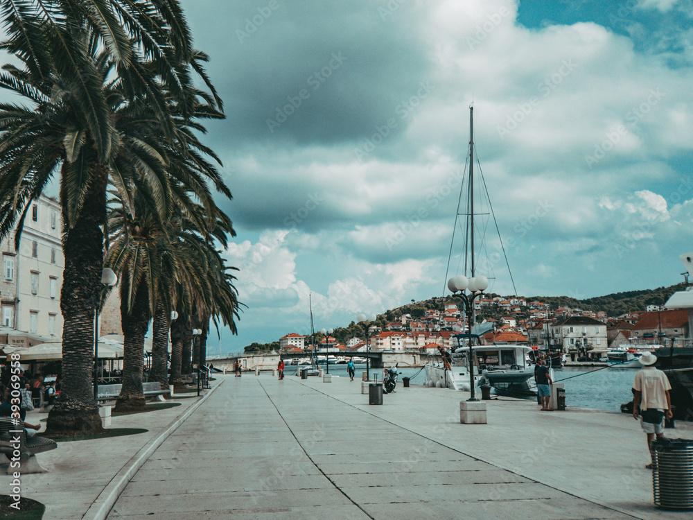 view of the port in the centre of trogir with palms and boats sailing from there