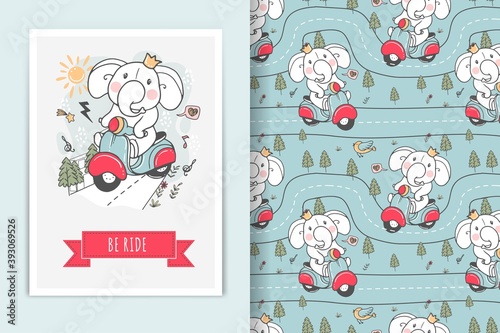 elephant riding scooter illustration doodle and seamless pattern background