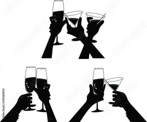 toasting hands silhouettes. silhouette of a person with a glass of wine. 