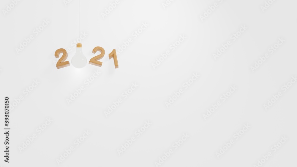 3D illustration. Light bulb with number 2021 plans and copy space on white background. Business plan and strategy concept with idea in year 2021 3D illustration. Light bulb with number 2021 plans and copy space on white background. Business plan and strategy concept with idea in year 2021