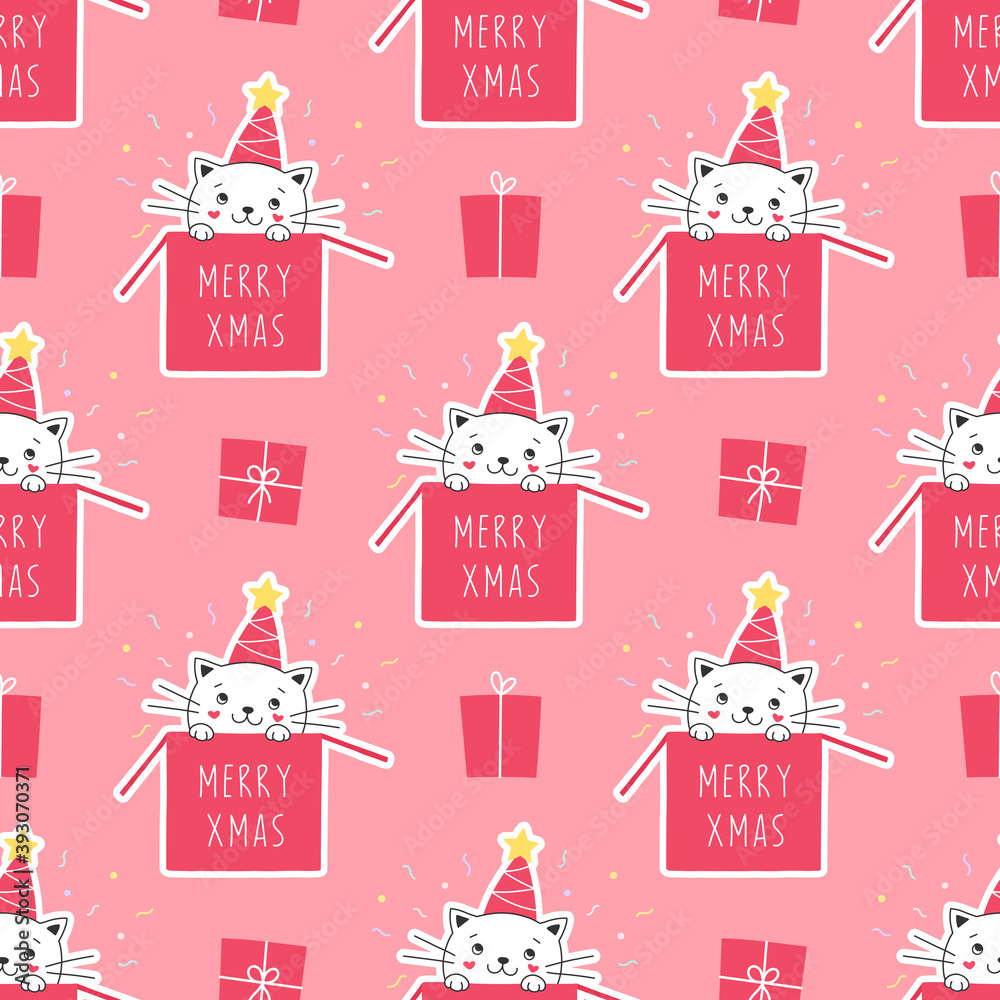 Seamless white kitten in a box, Christmas present, gifts. Holidays print on textiles, packaging, fabric, wallpaper. Seamless white kitten in a box, Christmas present, gifts. Holidays print on textiles, packaging, fabric, wallpaper.