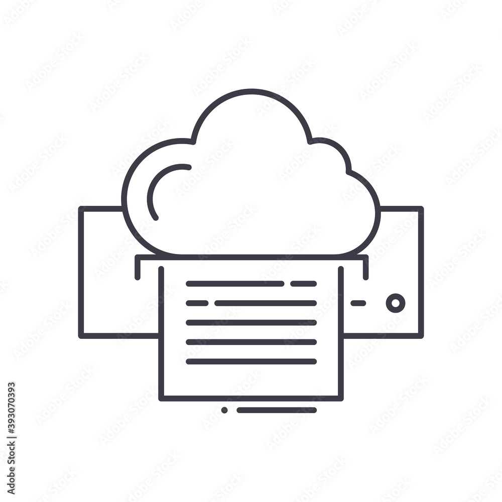 Cloud print icon, linear isolated illustration, thin line vector, web design sign, outline concept symbol with editable stroke on white background. Cloud print icon, linear isolated illustration, thin line vector, web design sign, outline concept symbol with editable stroke on white background.