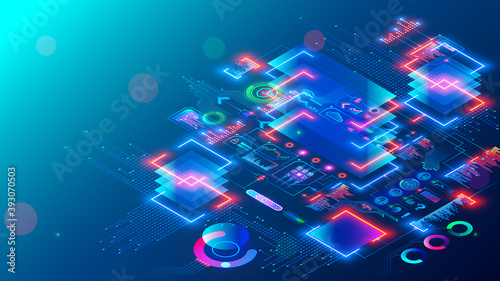 Computer CPU chip or processor on motherboard processes data. Electronic microchip technology. abstract isometric tech concept banner. Blockchain, fintech, artificial intelligence hardware, software.