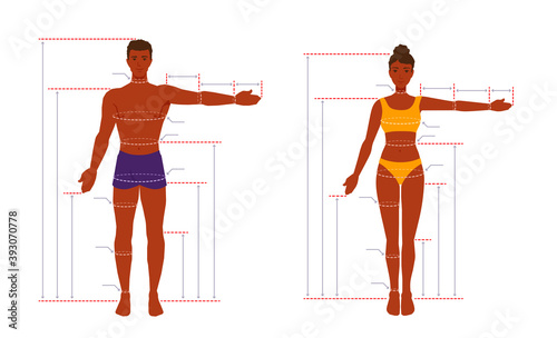 An adult human body size chart. Measurements for tailoring clothes. A measure of a man, a woman. People standing in a full length with one arm spread out. A vector cartoon illustration.
