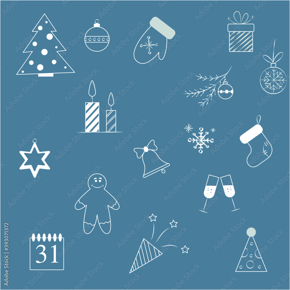 Fototapeta premium new year, gifts, gift, Christmas tree, cookies, sock, snowflake, balloons
