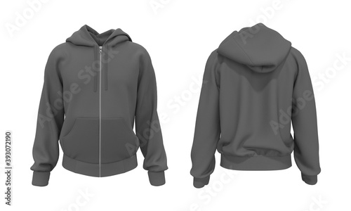 Blank hooded sweatshirt mockup with zipper in front view, isolated on white background, 3d rendering, 3d illustration