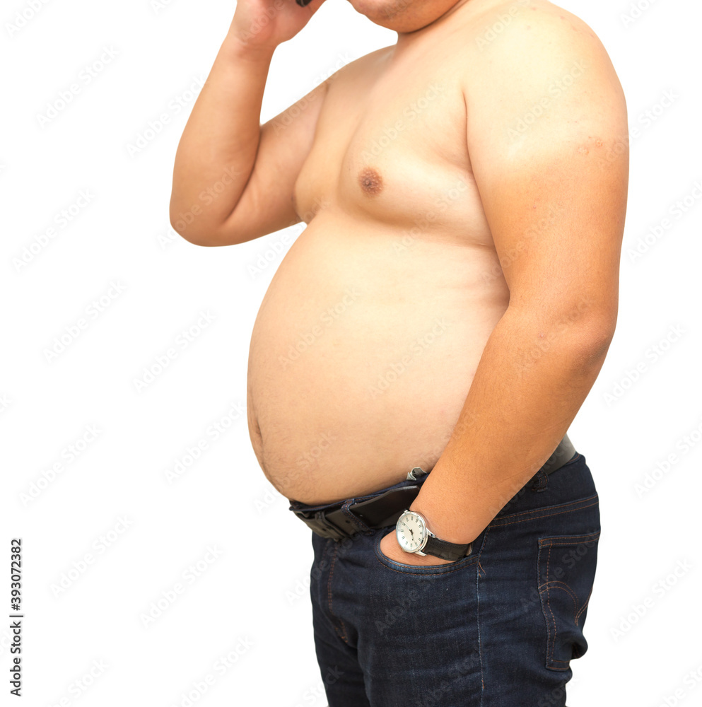 Fat man with a big belly talking on the phone on a white background. Diet Fat man with a big belly talking on the phone on a white background. Diet