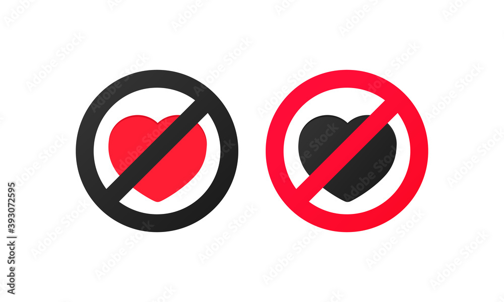 No love sign. Vector illustration of red crossed out circular prohibited sign with heart icon inside. Lack of love pictogram. Vector on isolated white background. EPS 10 No love sign. Vector illustration of red crossed out circular prohibited sign with heart icon inside. Lack of love pictogram. Vector on isolated white background. EPS 10