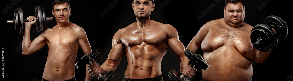 Fat, fit and athletic men. Ectomorph, mesomorph and endomorph athletes.  Before and after result. Sport concept. Group of three young sports men -  fitness models holds the dumbbell on black background. фотография