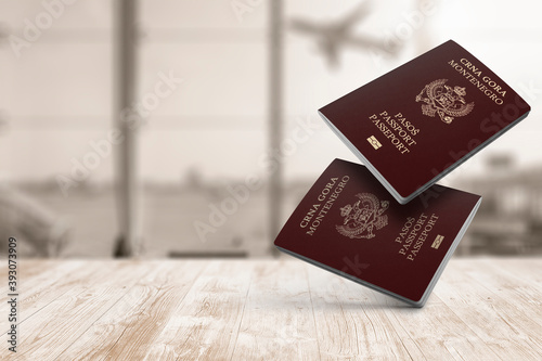 Montenegro passport on a wooden balcony in the airport waiting room. Close-up view with selective focus , European Union ,floating in midair