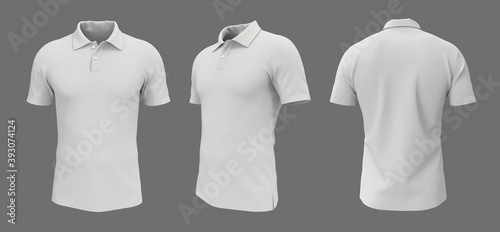 Blank collared shirt mockup, front, side and back views, tee design presentation for print, 3d rendering, 3d illustration; photo