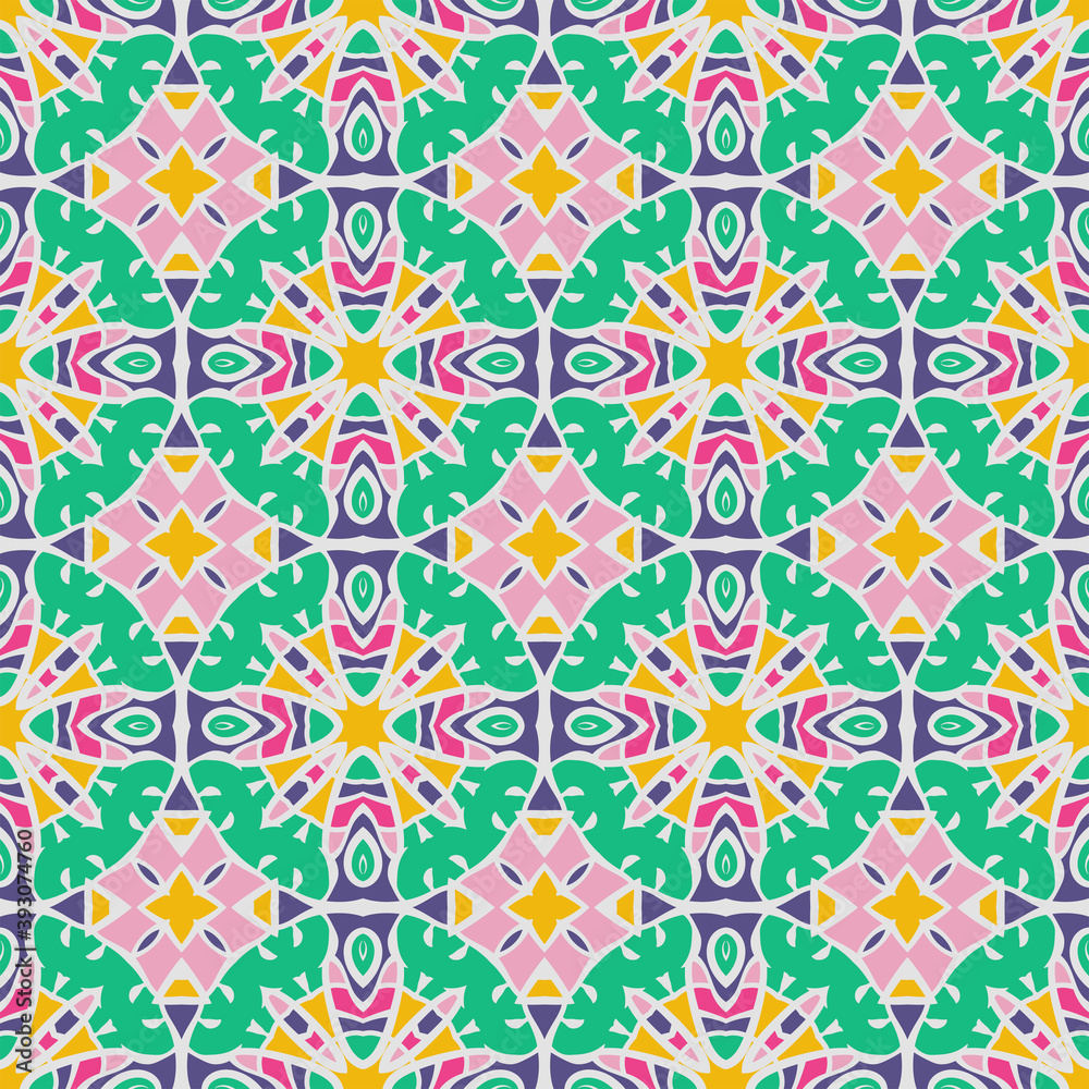 Trendy bright color seamless pattern in green pink violet yellow  for decoration, paper, tiles, textiles, carpet, pillows. Home decor, interior design, cloth design.