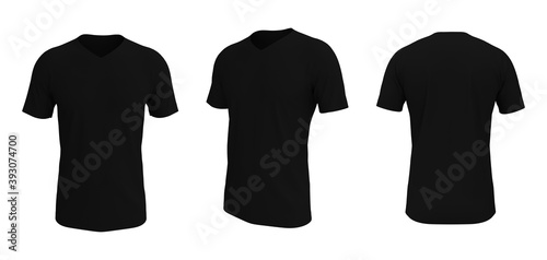 men's short sleeve t-shirt mockup in front, side and back views, design presentation for print, 3d illustration, 3d rendering