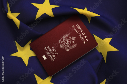 Montenegro passport with European Union flag in background