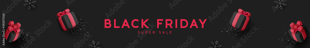 Black Friday Super Sale. Realistic black gifts boxes. Pattern with gift box with red bow. Dark background silver text lettering. Horizontal banner, poster, header website. vector illustration Black Friday Super Sale. Realistic black gifts boxes. Pattern with gift box with red bow. Dark background silver text lettering. Horizontal banner, poster, header website. vector illustration