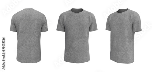 men's short sleeve t-shirt mockup in front, side and back views, design presentation for print, 3d illustration, 3d rendering