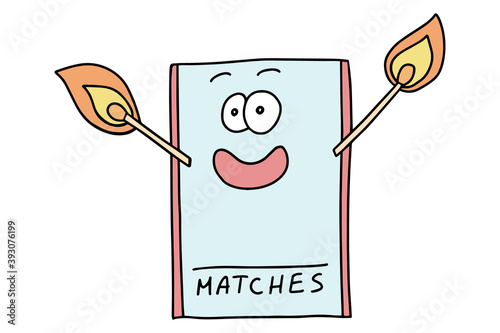 Cartoon Box of Matches. Safety match. Hand drawn lines cartoon doodle matchbox. Vector illustration isolation on white background.