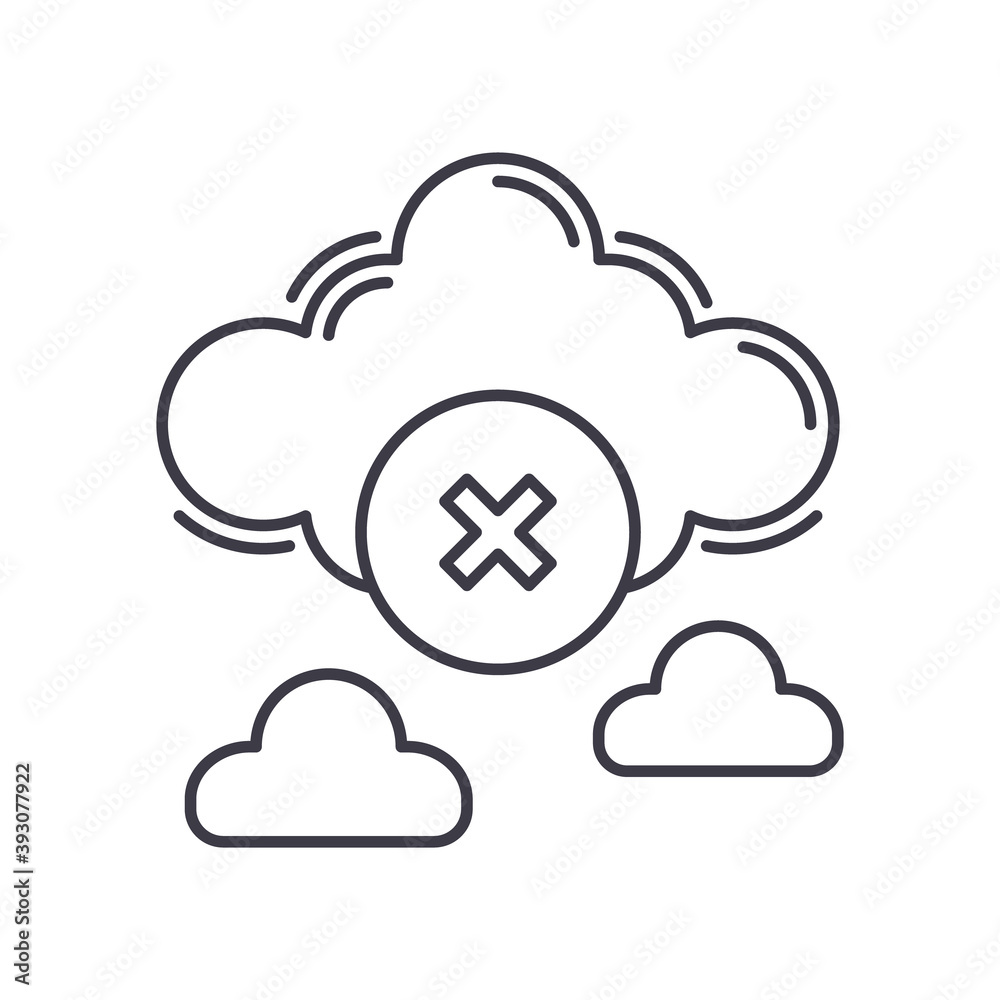 Cloud delete icon, linear isolated illustration, thin line vector, web design sign, outline concept symbol with editable stroke on white background. Cloud delete icon, linear isolated illustration, thin line vector, web design sign, outline concept symbol with editable stroke on white background.