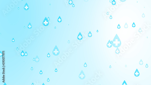 Medical health cross white on blue sanitizer drop pattern background.