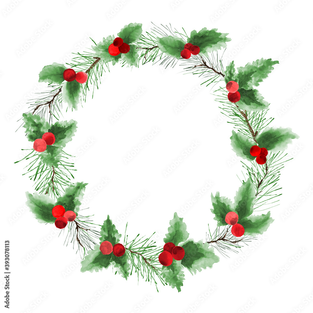 Christmas wreath watercolor with pine branches and red berries
