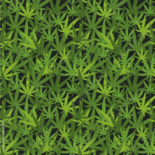 Camouflage seamless wallpaper with marijuana green abstract leaves on the dark background