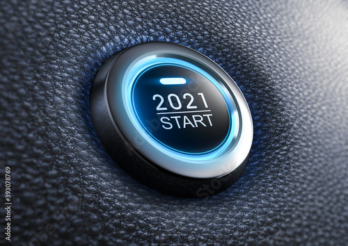 Start 2021 button with blue light - 3D illustration 