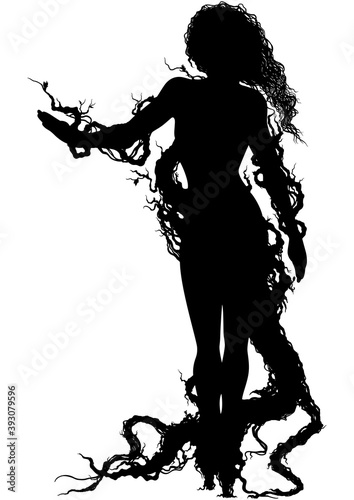 Dryad woman silhouette / Stylized woman in branches and roots outfit