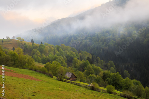Spring cloudy morning rural landscape in the Mizhhiria, Carpathian mountains. photo