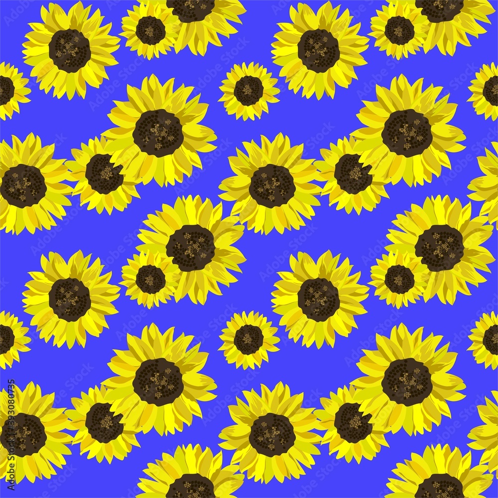 Blue seamless background with yellow sunflowers for fashion design, textile, wrapping paper, package wallpaper, bag print Blue seamless background with yellow sunflowers for fashion design, textile, wrapping paper, package wallpaper, bag print
