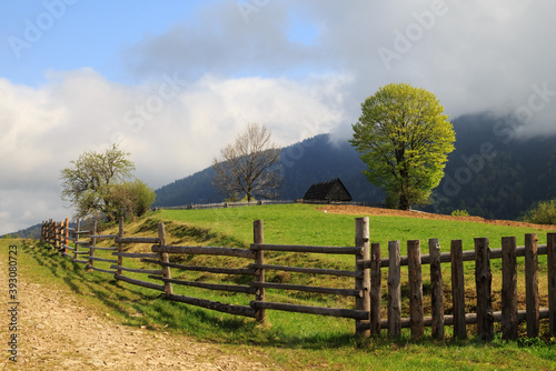 Spring morning landscape with the picturesque little farm in the Carpathian Mountains  Mizhhiria