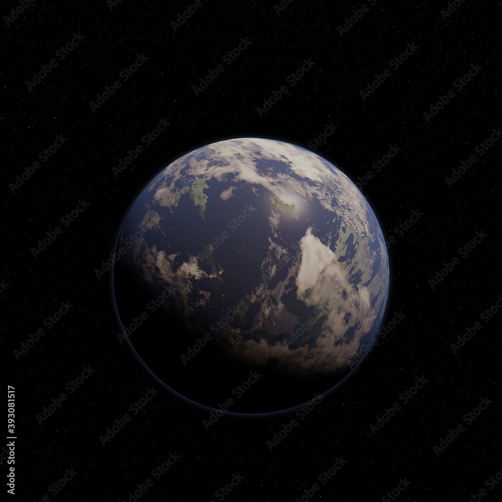 Blue Alien Planet with Starfield Background, 3d digitally rendered science fiction illustration