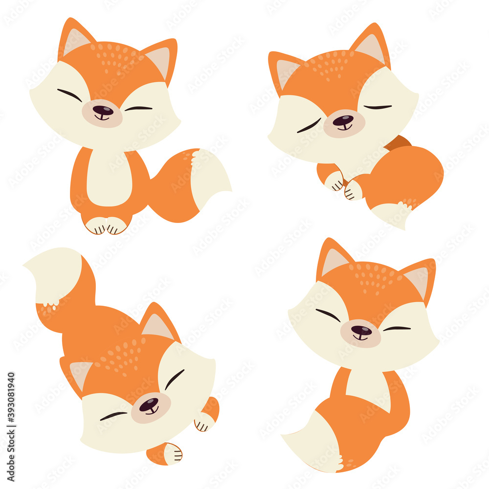 The collection of cute fox in flat vector style.